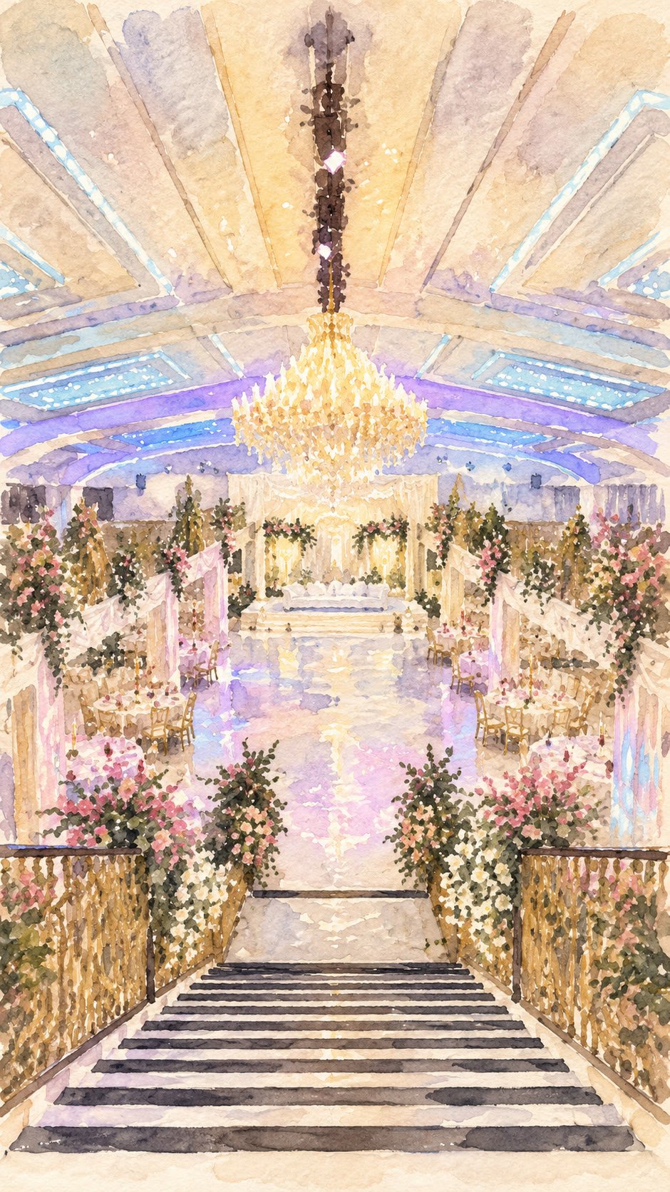 Watercolour illustration of the Mayfair Grand wedding hall